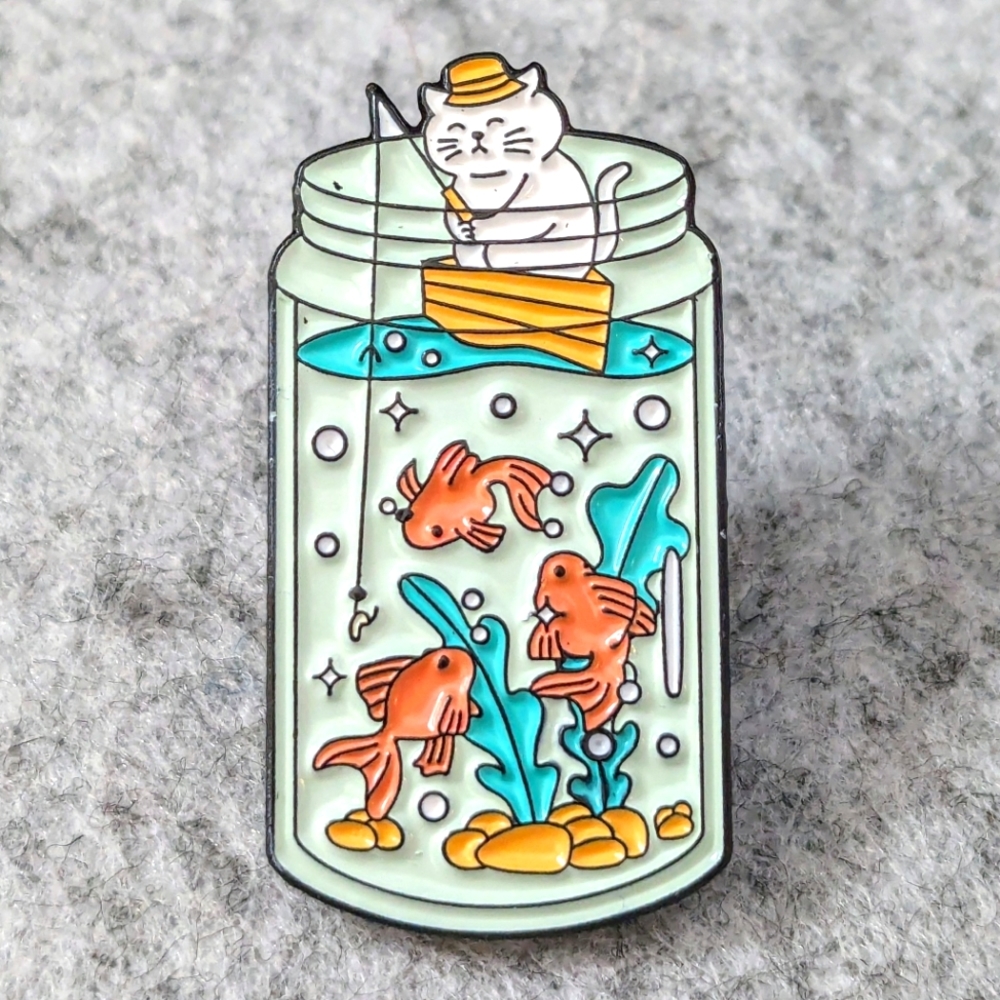 Cat Fishing in a Bottle Pin Enamel Lapel Brooch